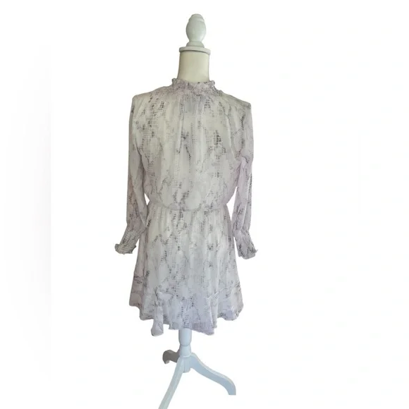 WHBM Lavender & White Snake Print Long Sleeve Blouson Dress Ruffle Neckline Sz 6 - Picture 5 of 12